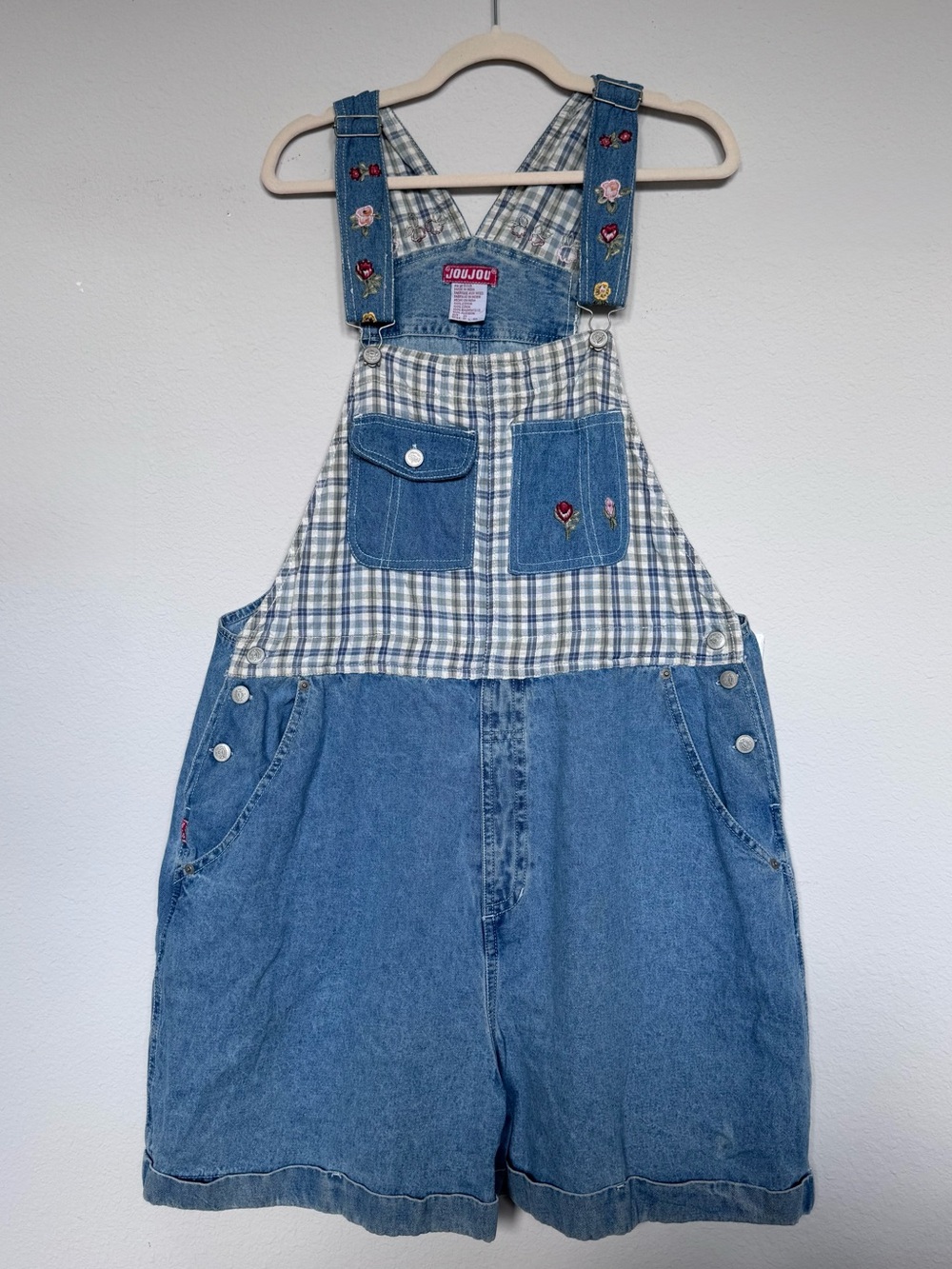 Vintage Jou Jou Blue Denim and Plaid Short Overalls with Embroidered Details